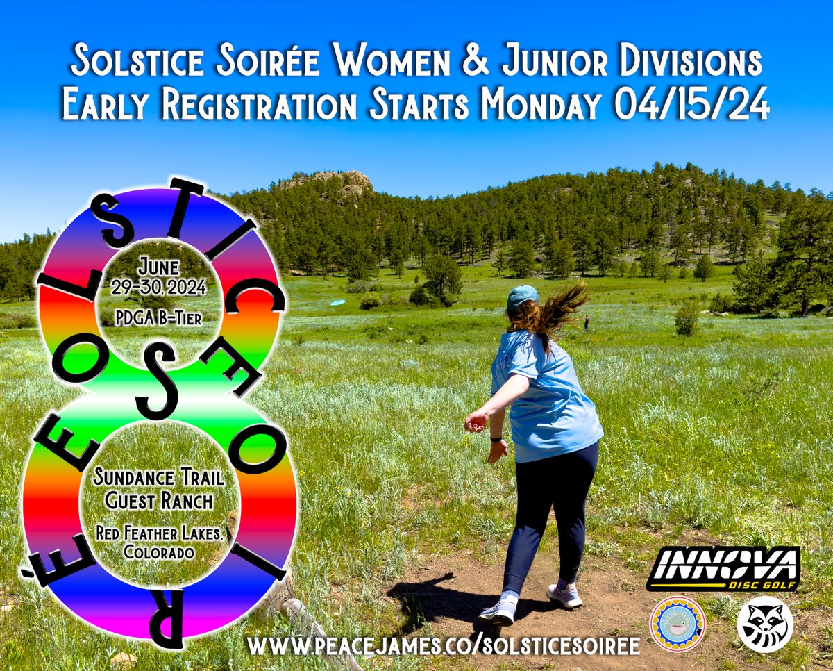 PeaceJamesCo's tweet photo. 1 of the funnest tournaments at 1 of the most gorgeous courses in Colorado June 29-30 ,2024. Solstice Soirée Supported by @InnovaDiscs @PDGA B-Tier at @SundanceTrail Women's &amp; Junior Divisions early registration starts 04-15-24 before everyone else. https://t.co/qGsvHyeVhh https://t.co/S9gUJmsPAk