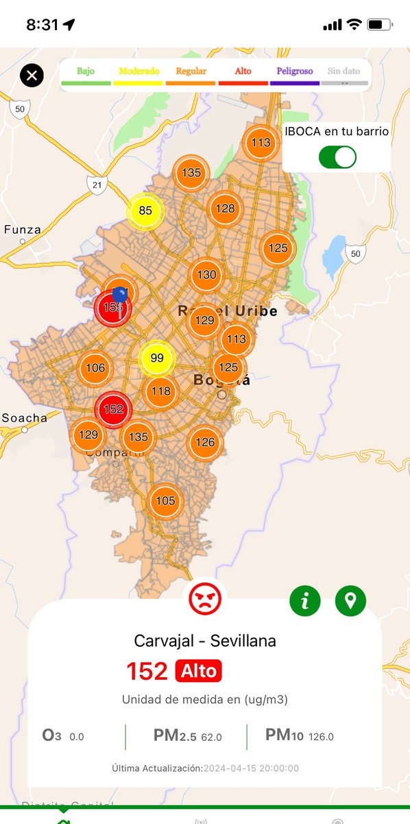 cgrateron's tweet photo. La #CalidadDelAire en #Bogotá , realmente está muy mal. Abril 15 de 2024. Pueden descarga la app de #IBOCA y hacerle seguimiento. https://t.co/EKsykuVWQa