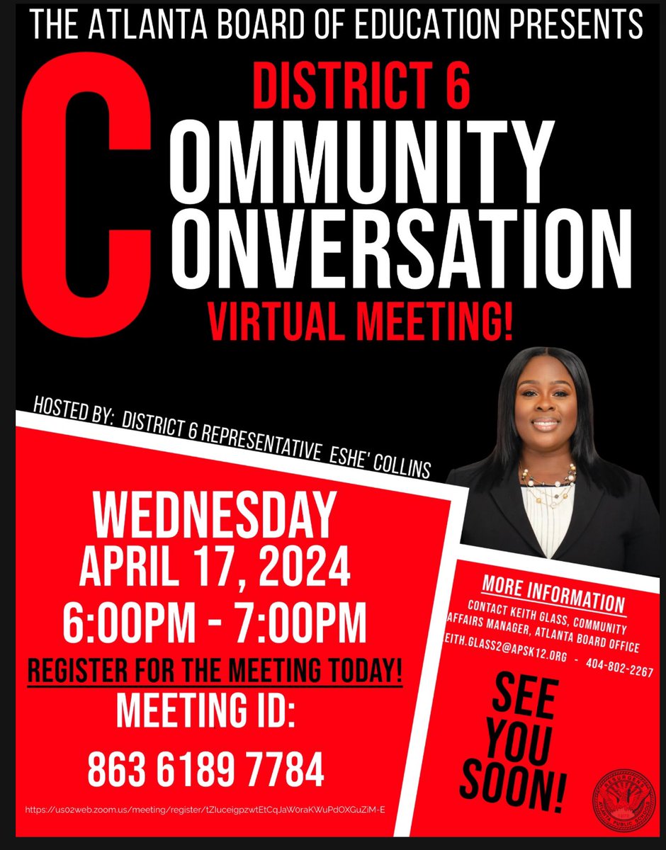 Join your District 6 Representative, Eshé Collins for a virtual community meeting happen Wednesday, April 17, 2024, at 6:00pm. Register in advance for this meeting: us02web.zoom.us/meeting/regist…