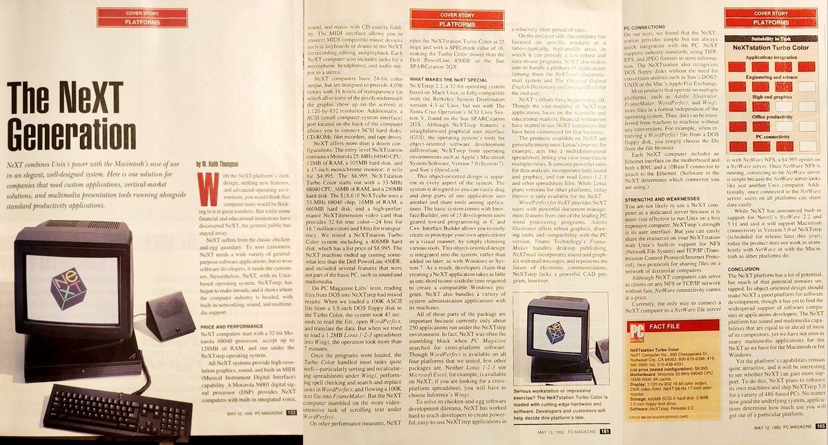 NYVintageMicros's tweet image. The 1992 PC Magazine May 12th issue had a nice spread on the NeXT platform. 

They also provide the specs and MSRP of almost $9000 for a NeXT Station Turbo Color - about $20,000 when adjusted for inflation. I wonder how many of these Steve Jobs managed to sell. 🤔

#NeXTComputer