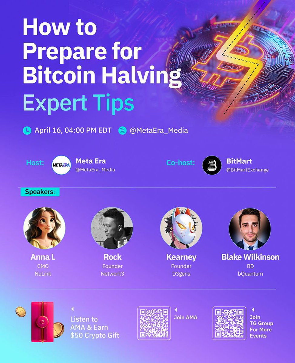 🚀 Are you ready for the Bitcoin Halving?🚀Join us for an exclusive #AMA where top industry experts will unravel strategies and share essential tips on preparing for the Bitcoin Halving. 🗓️ Date & Time: April 16, 4:00 PM EDT 🔗 Set your reminders now: twitter.com/i/spaces/1gqxv… 🌟