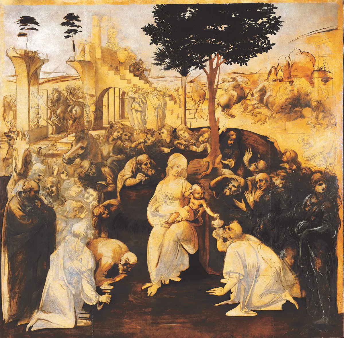 Leonardo da Vinci is born April 15, 1452, Anchiano, near Vinci, Republic of Florence [Italy]. ☮️💜 Leonardo da Vinci, 'Adoration of the Magi' (San Donato in Scopeto), drawing in charcoal, watercolour ink and oil on wood, c. 1482; in the Uffizi, Florence. 🎨🖌️