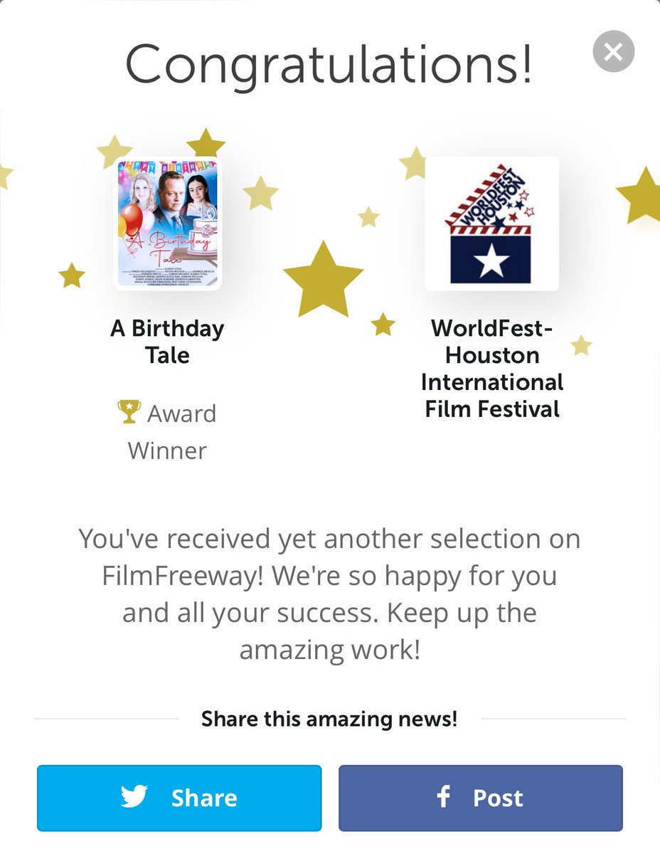 A Birthday Tale is an award winner at the @worldfest 
Houston Int’l  Film Fest!  More details to follow!This film Fest is a Canadian screen award qualifying festival & DGC award qualifying film fest.  Congrats to an awesome team of people! #dgctalent @actra_mb  @MBFilmMusic