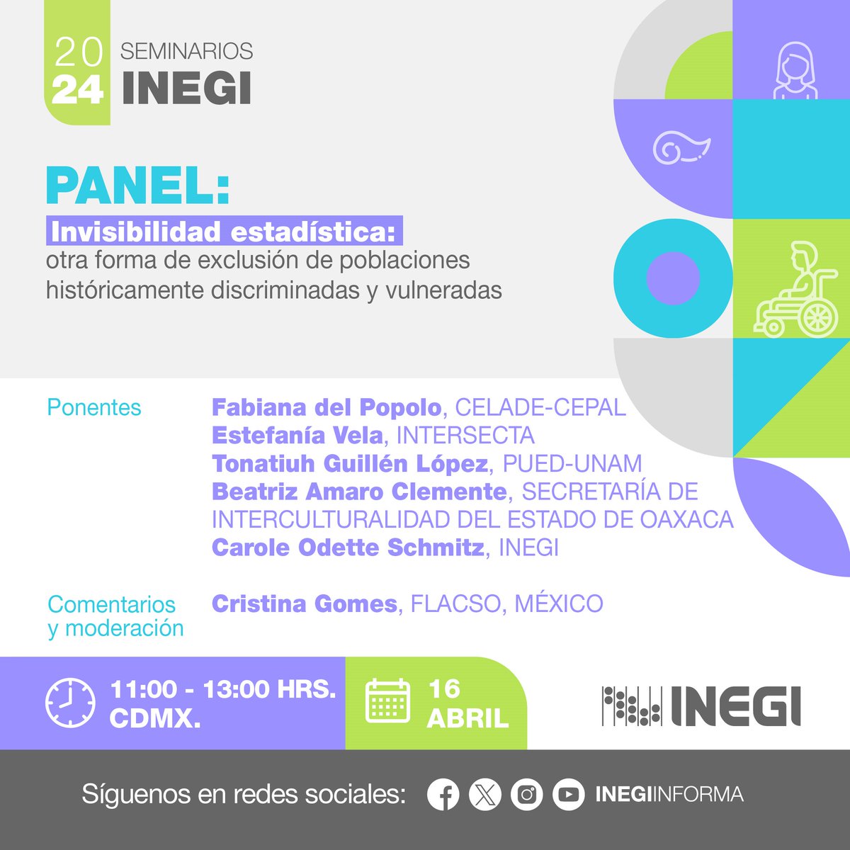 INEGI_INFORMA's tweet photo. 📢 No te pierdas el panel «Invisibilidad estadística: otra forma de exclusión de poblaciones históricamente discriminadas y vulneradas».
🗓️ Abril 16
🕚 11:00 a 13:00 horas
🖥️ Consulta el programa y regístrate aquí: https://t.co/okvoz5ombE https://t.co/t3cUbPmJH6