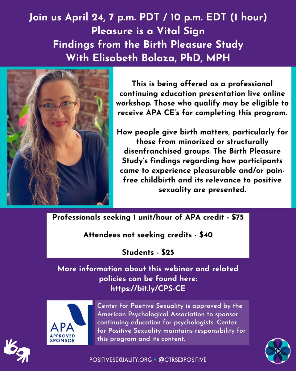 Join us April 24, 7 p.m. PDT / 10 p.m. EDT (1 hr) for our latest Continuing Education eligible webinar!

Pleasure is a Vital Sign: Findings from the Birth Pleasure Study with Elisabeth Bolaza, PhD, MP
Learn more: bit.ly/CPS-CE 
Register: flipcause.com/secure/cause_p…