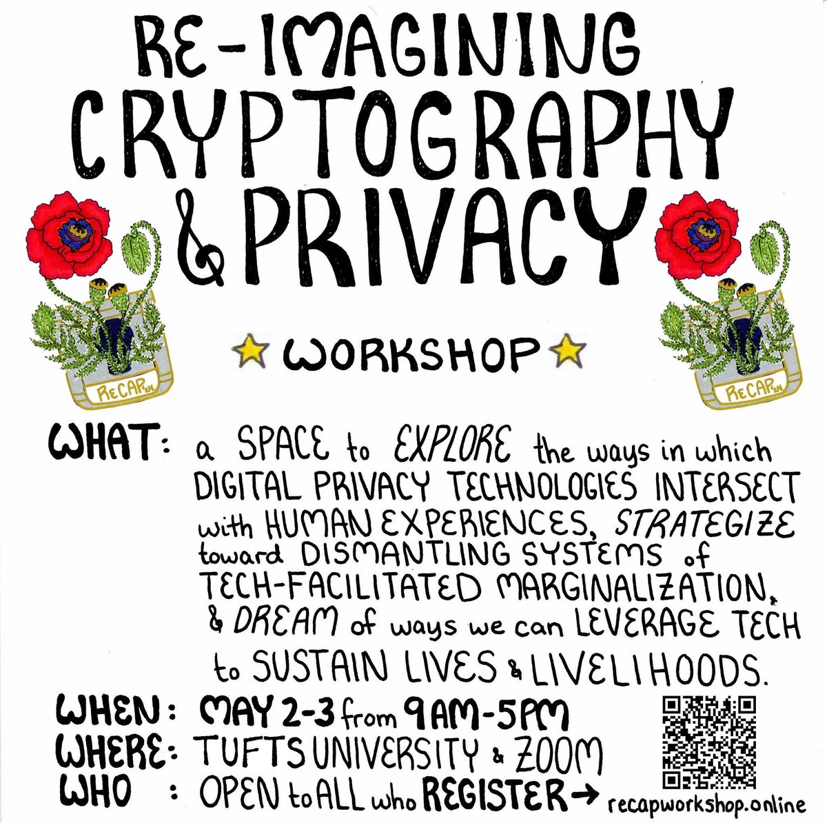 Lcyqn's tweet photo. Initial list of talks/contributions is now up on https://t.co/qepfN0AYlg! Register for ReCAP :)

Poster made by our multi-talented co-organizer Leah Rosenbloom https://t.co/CZ0tw1X6xT