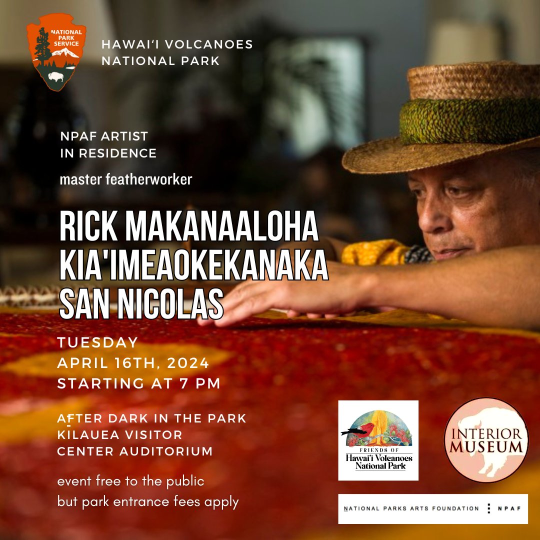TOMORROW NIGHT! AFTER DARK IN THE PARK at Hawaii Volcanoes NP. Rick San Nicolas NPAF Artist in Residence, will be making his artist presentation on Tuesday, April 16th at 7 PM at the Kīlauea Visitor Center Auditorium. Event is free to the public but park entrance fees apply!