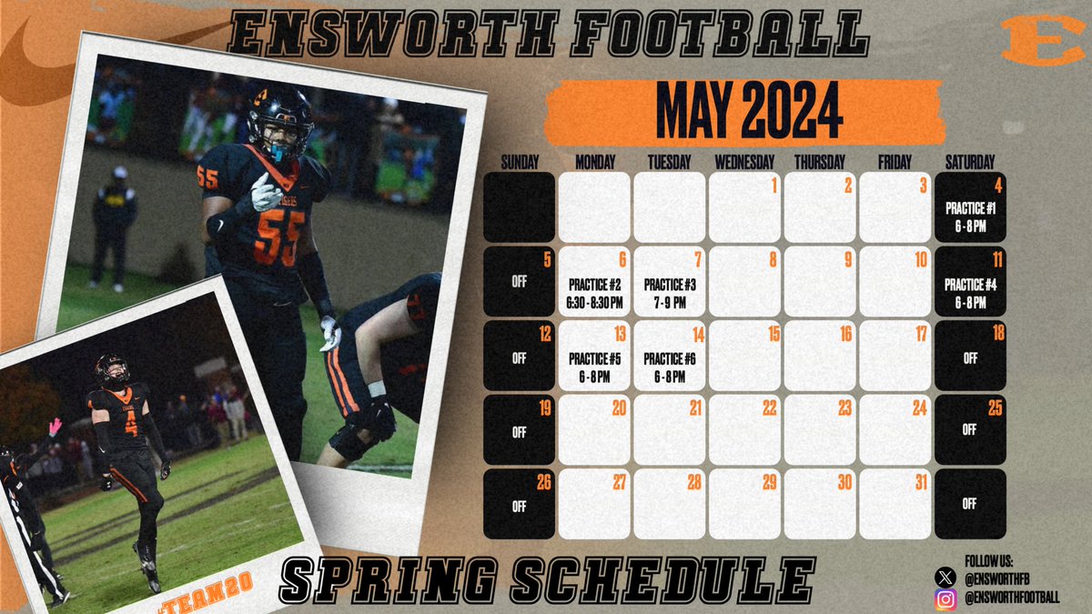 ‼️SPRING FOOTBALL DATES‼️ The 2024 Ensworth Tigers begin Spring Football Practice May 4th at 6:00pm. College coaches - All are welcome to attend any practice. Please DM for any RSVPs or email Head Coach Tim Hasselbeck at: hasselbeckt@ensworth.com LET's GO‼️ 🐅 #TEAM20 🏈