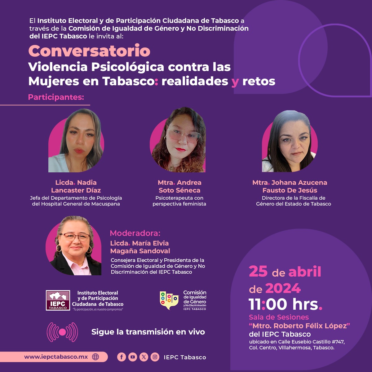 Rescatamos la esencia de la campaña “25 DÍA NARANJA ÚNETE” para visibilizar, combatir y erradicar las violencias contra niñas y mujeres.
Este 25 de abril están todas y todos invitados al conversatorio VIOLENCIA PSICOLÓGICA CONTRA LAS MUJERES EN TABASCO: REALIDADES Y RETOS.