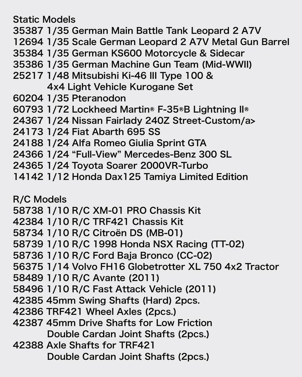 A total of over 40 NEW items have been announced from Tamiya to be shown at the upcoming Shizuoka Hobby Show.

#Repost 
Follow - @hearnshobbies for more

Credit - @tamiya_inc_jp

#Askhearns #hobbies #TheHobbyman #Hobbyman #Hearnshobbies  
#tamiya
#タミヤ
#タミヤスケールモデル