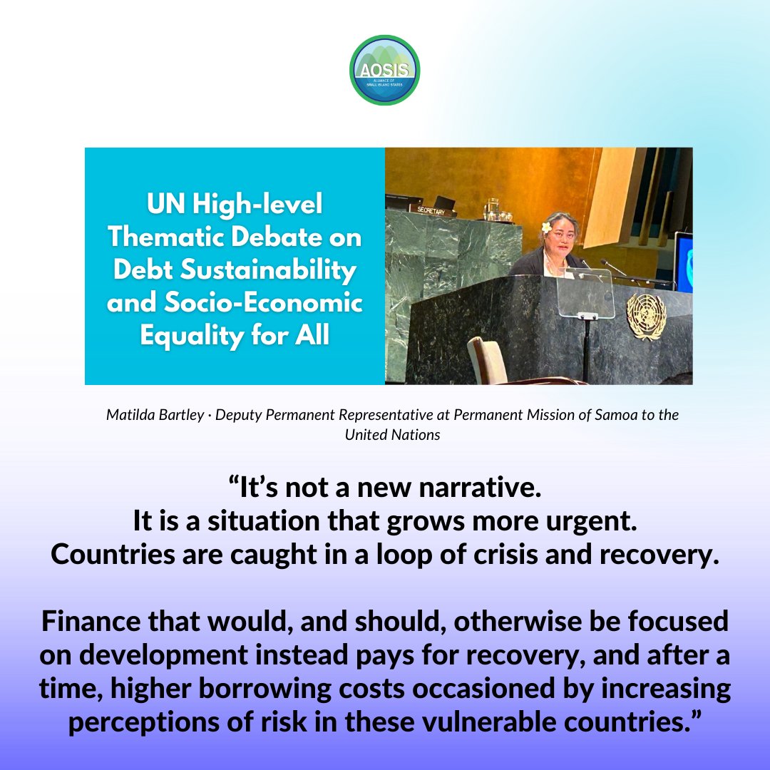 ‼️ We must fix debt challenges in SIDS before they become debt crises. SIDS debt rose from 42.3% of GDP in 2000 to ≈ 60% of GDP in 2022. Challenges worsen for countries most vulnerable to climate shocks. High recovery cost➡️ debt vulnerability. READ: aosis.org/debt-sustainab…