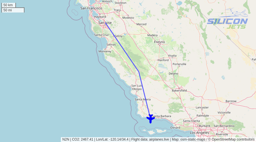 N2N (#gulfstream G650 reportedly used by #timcook) no longer detected in flight. Emissions est. 2467 kg #CO2 (compared to 128 kg flying commercial). #CO2emissions