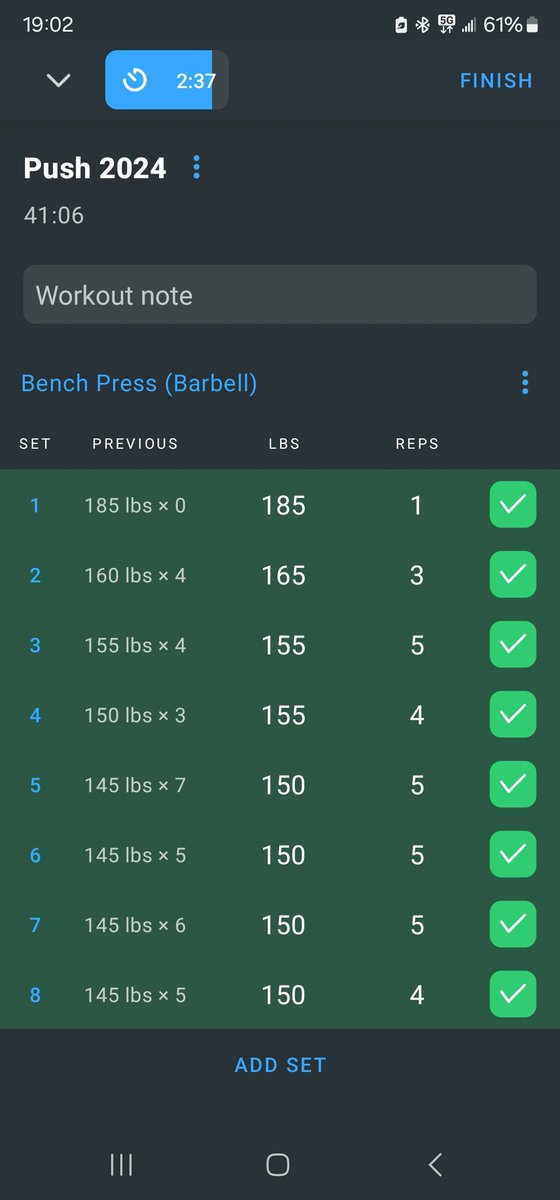 Great bench sets today. Didn't drop below 150! Progress