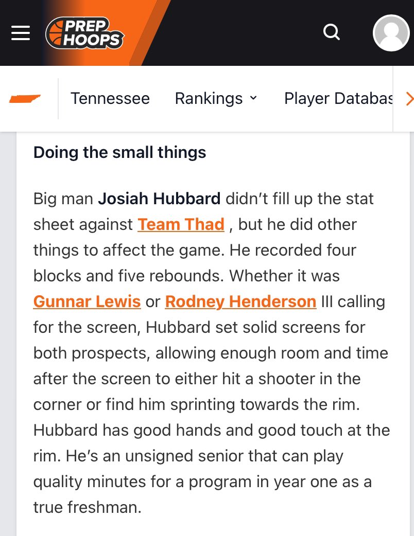 Thanks to <a href="/CourtneyHoops90/">Courtney Asher Smith</a> for the nice write up on unsigned 6’9 2024 <a href="/JosiahHubbard7/">Josiah Hubbard</a> and his strong play at <a href="/hoopseen/">HoopSeen</a> #TNJAM. 

#BuiltDifferent #BuiltToHandleHardBetter
<a href="/TigersTennessee/">Tennessee Tigers</a>