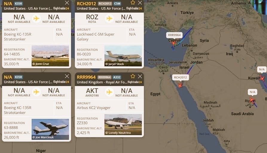 نشاط مكثف لطائرات التزود بالوقود جوا الأمريكية في أنحاء الشرق الاوسط 
طائرة KC-135R رمز 63-8888 من قاعدة الأمير سلطان في السعودية.
طائرة KC-135R رمز 64-14835 من قاعدة العديد في قطر
طائرة C-5Mغلاكسي للنقل الثقيل فوق الاردن البريطانية KC-2للتزود بالوقود جوا من قاعدة أكروتري في قبرص