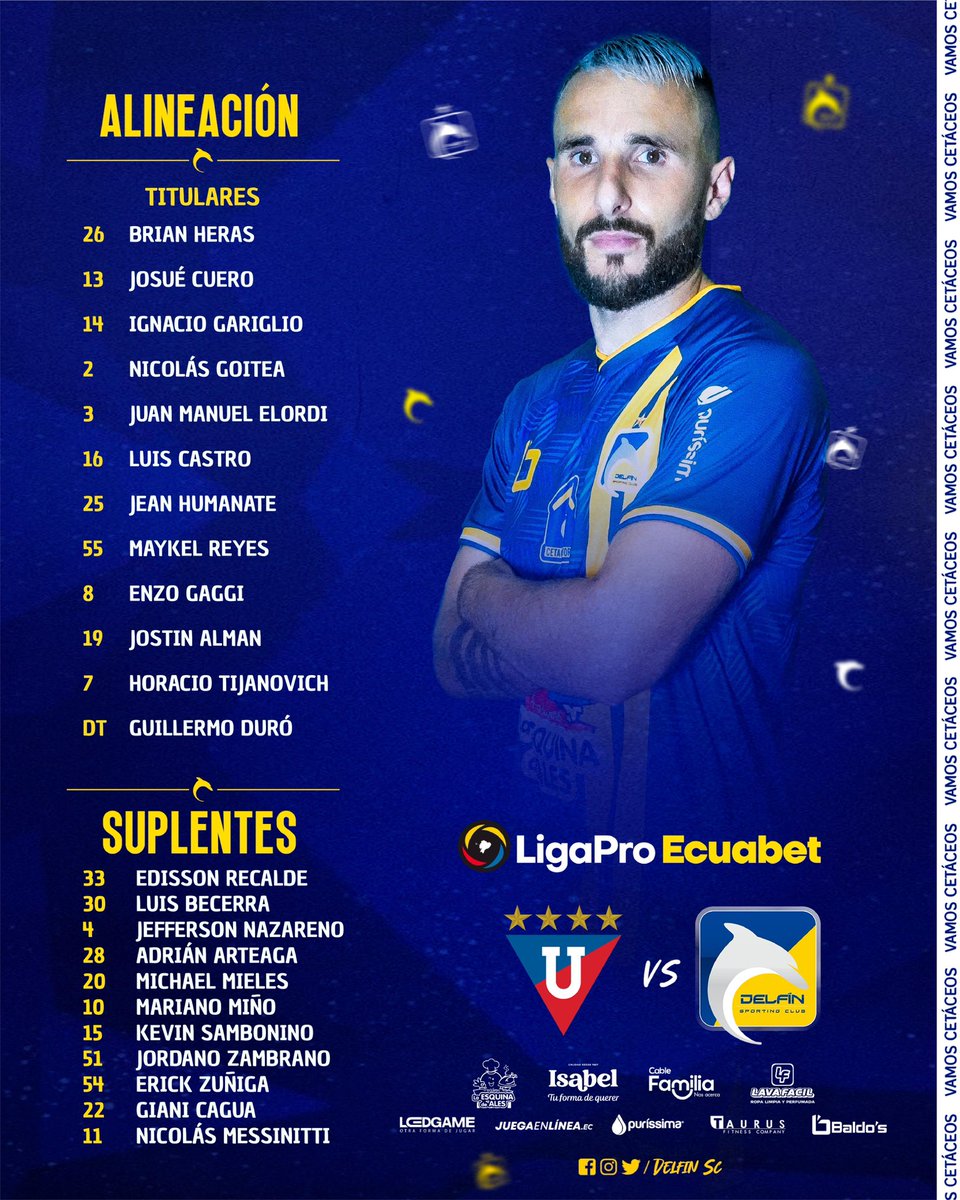 DelfinSC's tweet photo. 🏆 @ligaproec 
📋𝔸𝕃𝕀ℕ𝔼𝔸ℂ𝕀Óℕ! 🐬
👨🏻‍🏫DT. Guillermos Duró 
🆚 @ldu_oficial 
🏟️Estadio Rodrigo Paz Delgado 
 ¡Vamos Cetáceos! 
 #delfinsc #elorgullodemanabi https://t.co/dSOuXM6cNB