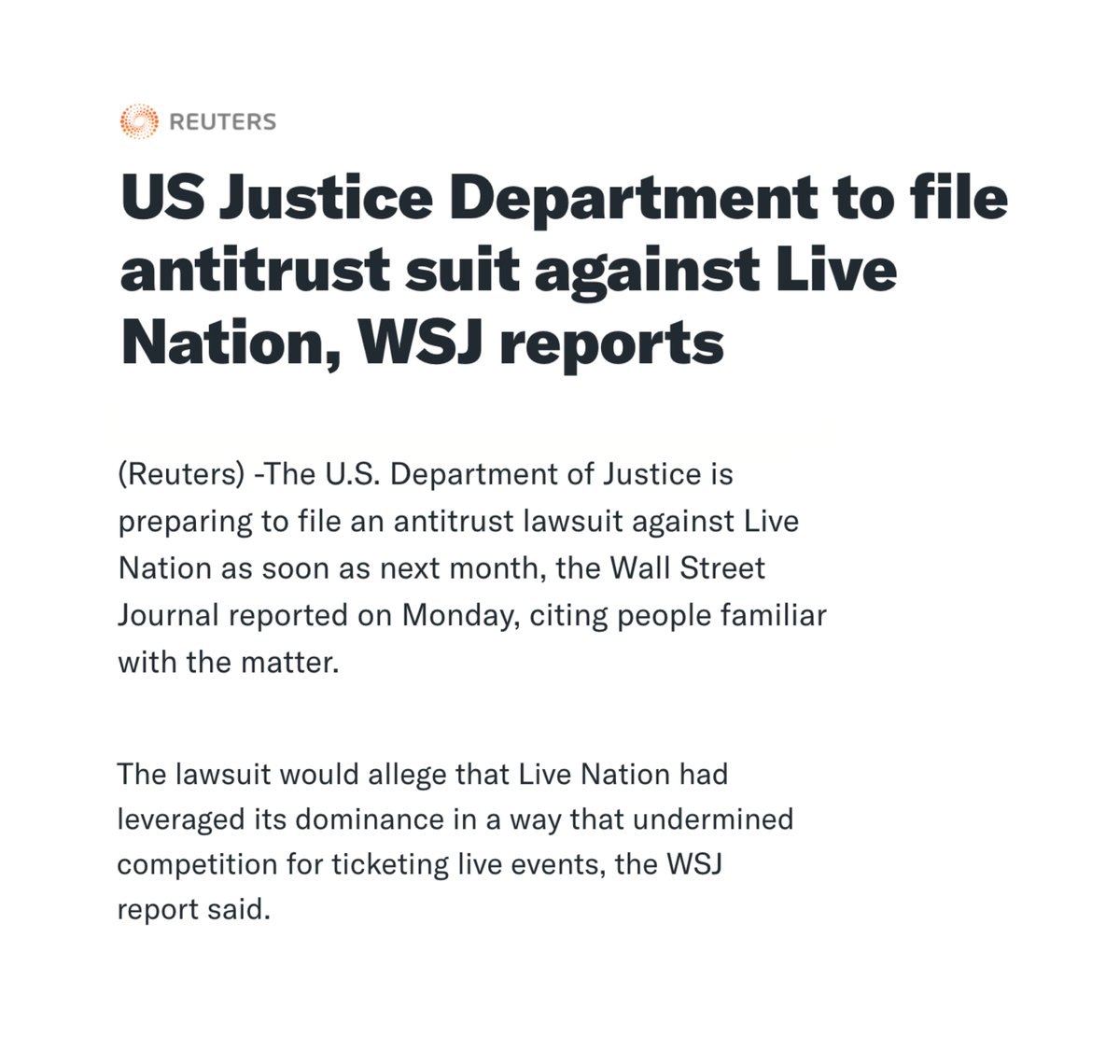 BeyLegion's tweet image. The Wall Street Journal (@WSJ) reports the U.S. Department of Justice is preparing a massive antitrust lawsuit against Ticketmaster's parent company @LiveNation.

Live Nation shares dropped sharply this afternoon after the news.

yhoo.it/4407ZTg