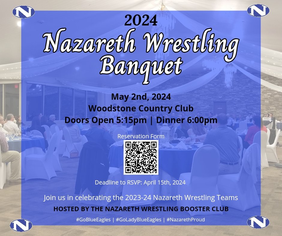 🚨LAST CALL🚨 Last day to RSVP for the 2024 Nazareth Wrestling Banquet! Forms can be dropped off at Trischia Gostony's house at 218 E. High Street, Nazareth. Contact Trischia to make any other arrangements 610-297-6646. #GoBlueEagles #GoLadyBlueEagles #NazarethProud 🔵🦅🤼‍♀️🤼‍♂️