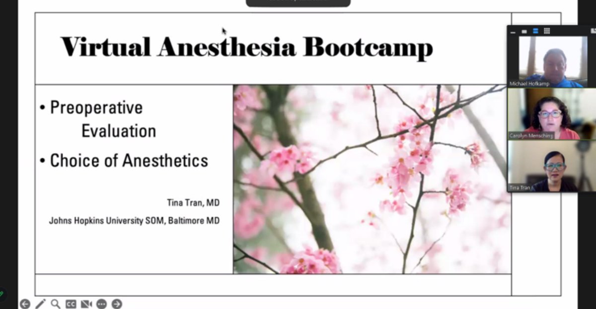 Happening NOW: My friend and @ACCMResidency ‘08 classmate @TinaTranMD talks about preop eval and anes technique for our virtual anesthesia bootcamp! Thanks to @ASALifeline and @c_mensching for your webinar support! And thanks to @trpender for coordinating! #Match2025