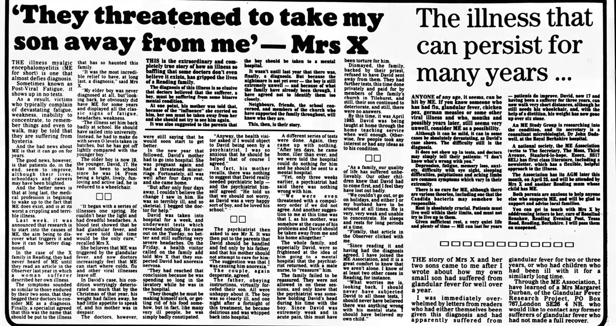 Thirty-seven years ago today. Reading Evening Post, England. 16th April 1987. “We were even threatened with a compulsory order”. #MyalgicEncephalomyelitis #myalgice #cfs #cfsme #mecfs #chronicfatiguesyndrome.
