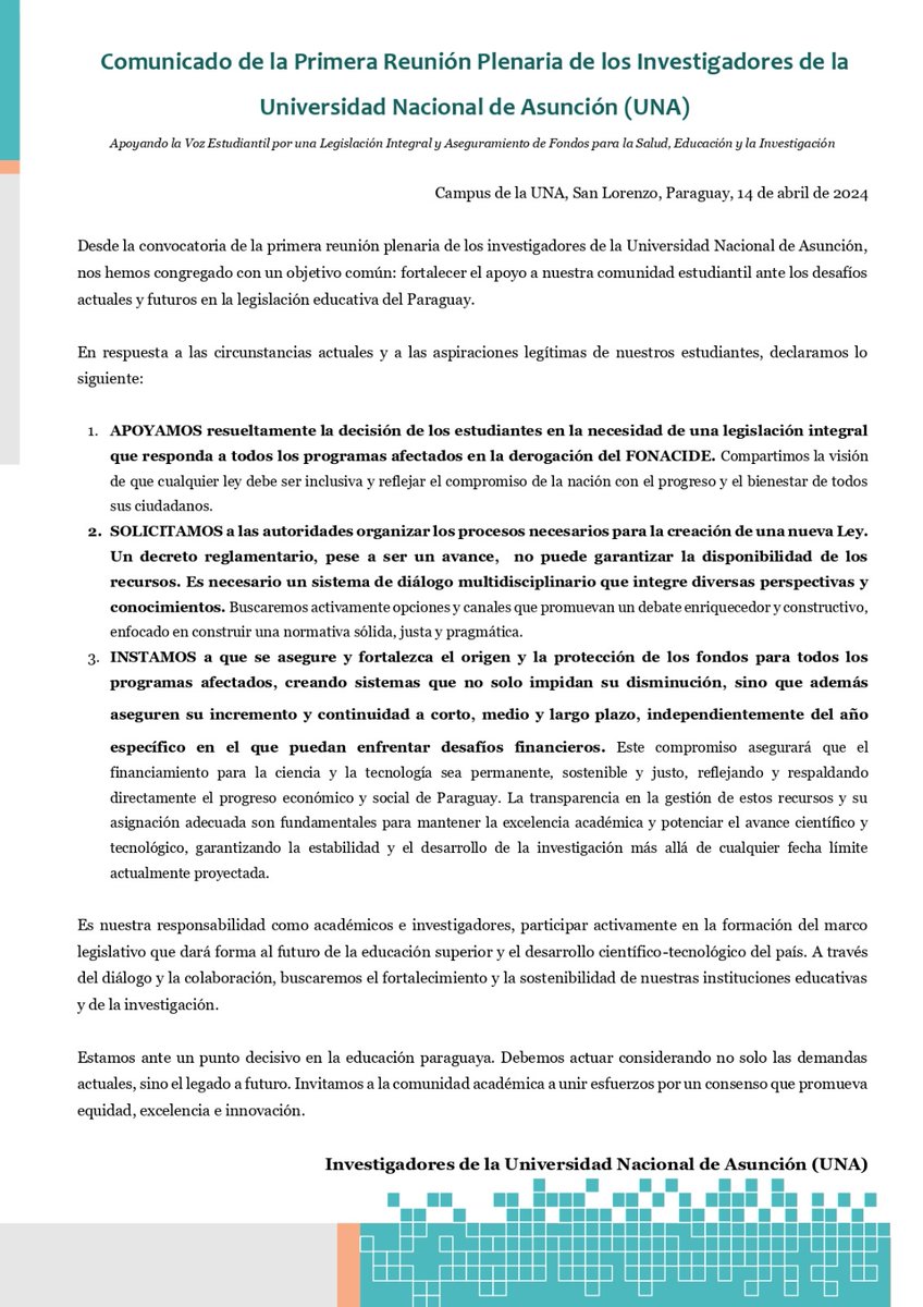 D_Gregor's tweet photo. 🔬📚 #UNACienciaParaTodosPy | #EducaciónParaTodos
Los investigadores de la UNA apoyamos a nuestros estudiantes y pedimos leyes que aseguren la educación y ciencia para el futuro de Paraguay. ¡Unidos por una legislación integral y sostenible! 🇵🇾✨
#ApoyoEstudiantilUNA https://t.co/5n6lW8uZCM
