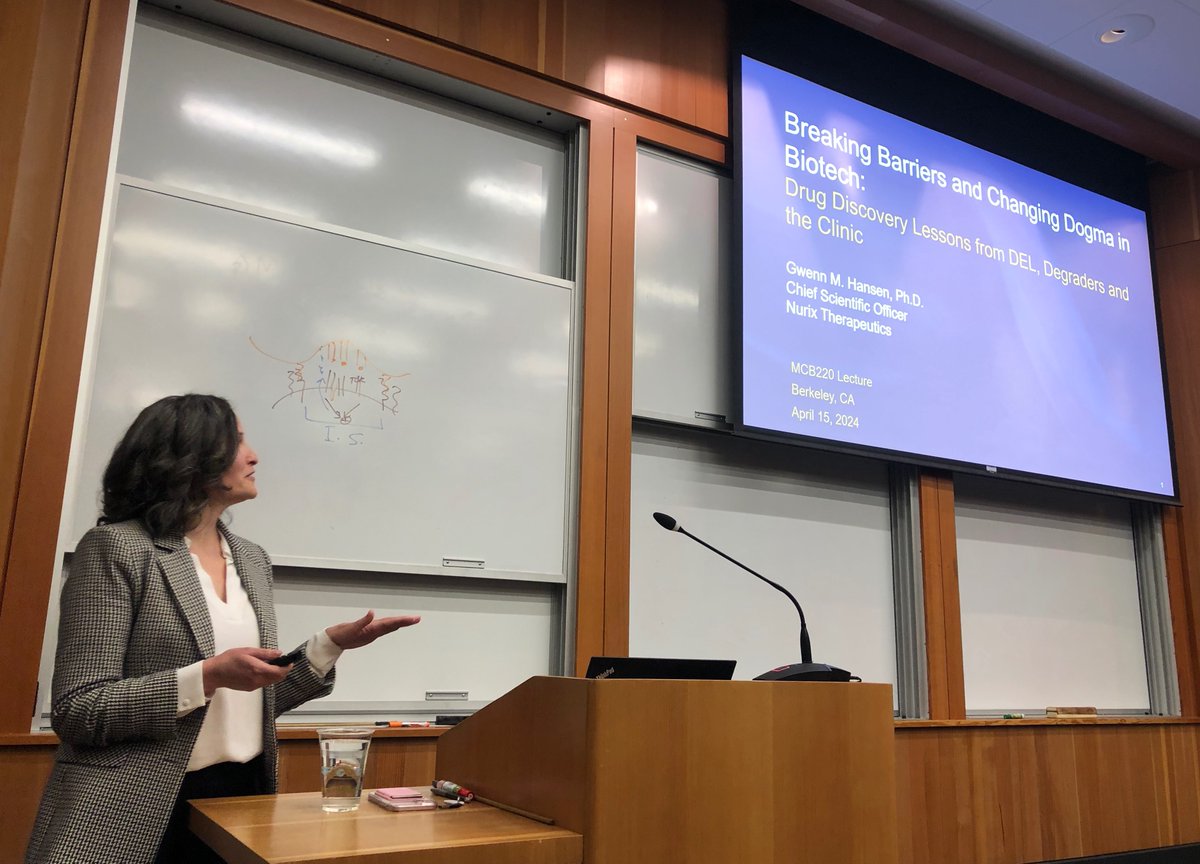 What a treat!!! Gwenn Hansen, CSO of @Nurix_Tx, teaching the #MolecularTherapeutics students of MCB220 at @UCBerkeley @berkeleyMCB the ins and outs of drug discovery - from finding your molecule to seeing it help patients in the clinic!