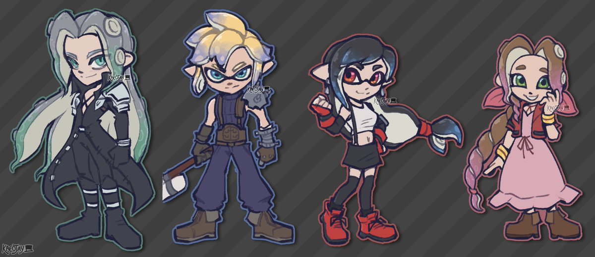 kaeojay's tweet photo. Finished lineup of my #FF7 x #Splatoon doodles!!!

(Will turn these into stickers [sticker.. SHEETS?!] later because they're so fun hahah) https://t.co/KFElPYZju5
