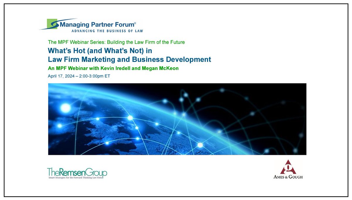 Join us April 17 for "What's Hot (and What's Not) in Law Firm Marketing and Business Development" with Kevin Iredell, CMO of <a href="/LowensteinLLP/">Lowenstein Sandler</a> &amp; <a href="/LMAintl/">LMA International</a> President and Megan McKeon, Director of BD for <a href="/ClarkHillLaw/">Clark Hill Law</a>. Learn more &amp; register here: register.gotowebinar.com/register/91404…
#LegalMarketing