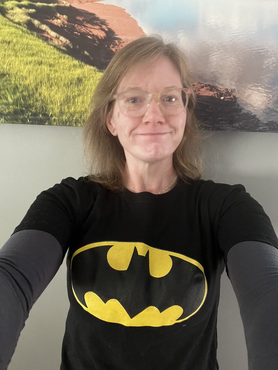 CanadianKayMD's tweet photo. When your 5yo begs you to get a shirt to match his favourite one, and insists before school that you must dress the same today, you go to work in a Batman shirt. https://t.co/b4TjGsBOWI