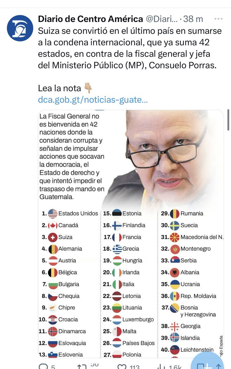 ManfredoGuate's tweet photo. 🚨”Non grata. La Fiscal General no es bienvenida en 42 naciones donde la consideran corrupta y señalan de impulsar acciones que socavan la democracia, el Estado de derecho y que intentó impedir el traspaso de mando en Guatemala.”
📌“Suiza se convirtió en el último país en sumarse a la condena internacional, que ya suma 42 estados, en contra de la fiscal general y jeta del Ministerio Público (MP), Consuelo Porras.”
📌Fuente: Diario de Centroamérica.