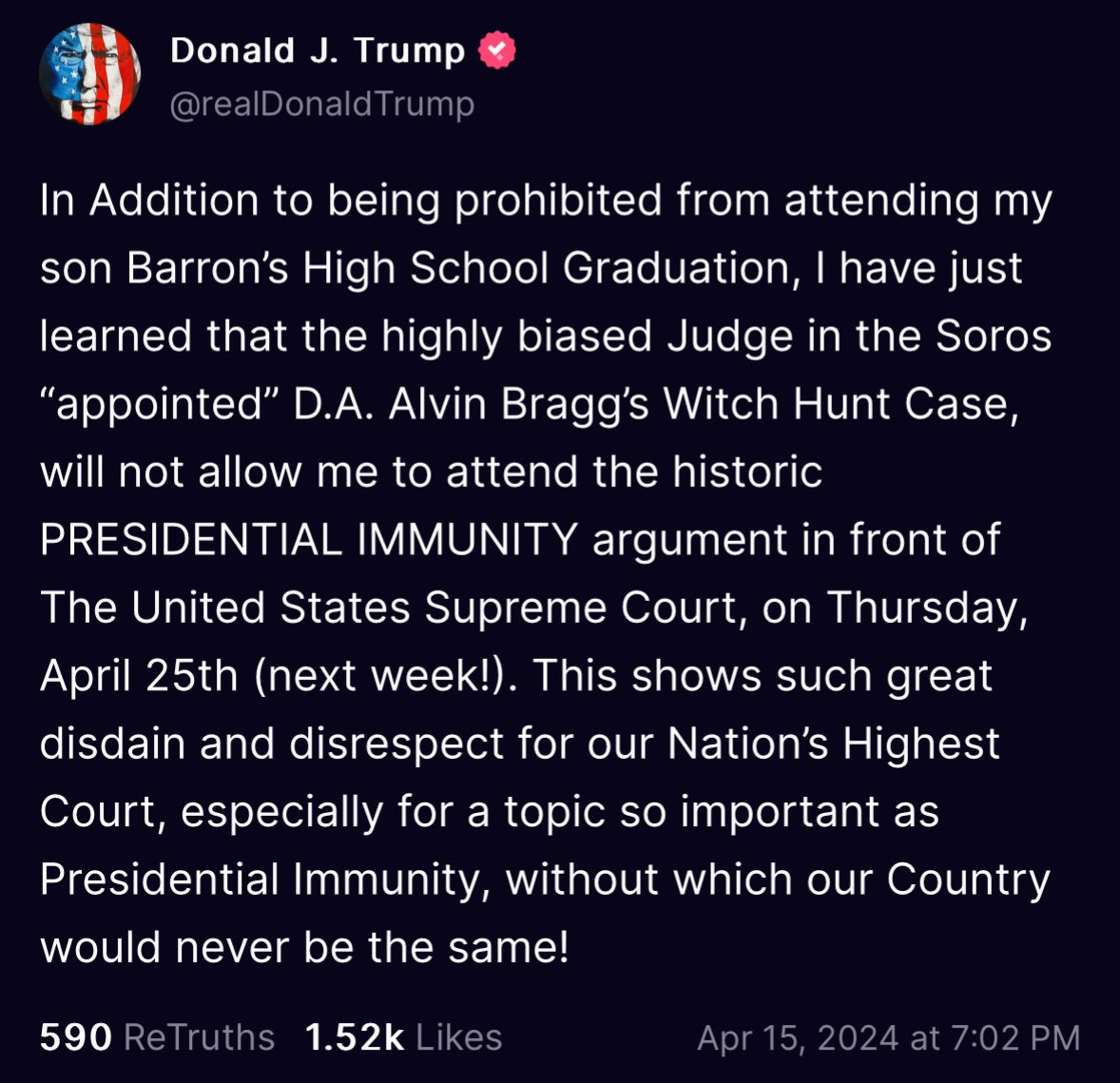 Trump says Judge Merchan is preventing him from going to both Barron’s graduation AND the highly important immunity argument before SCOTUS Unbelievable