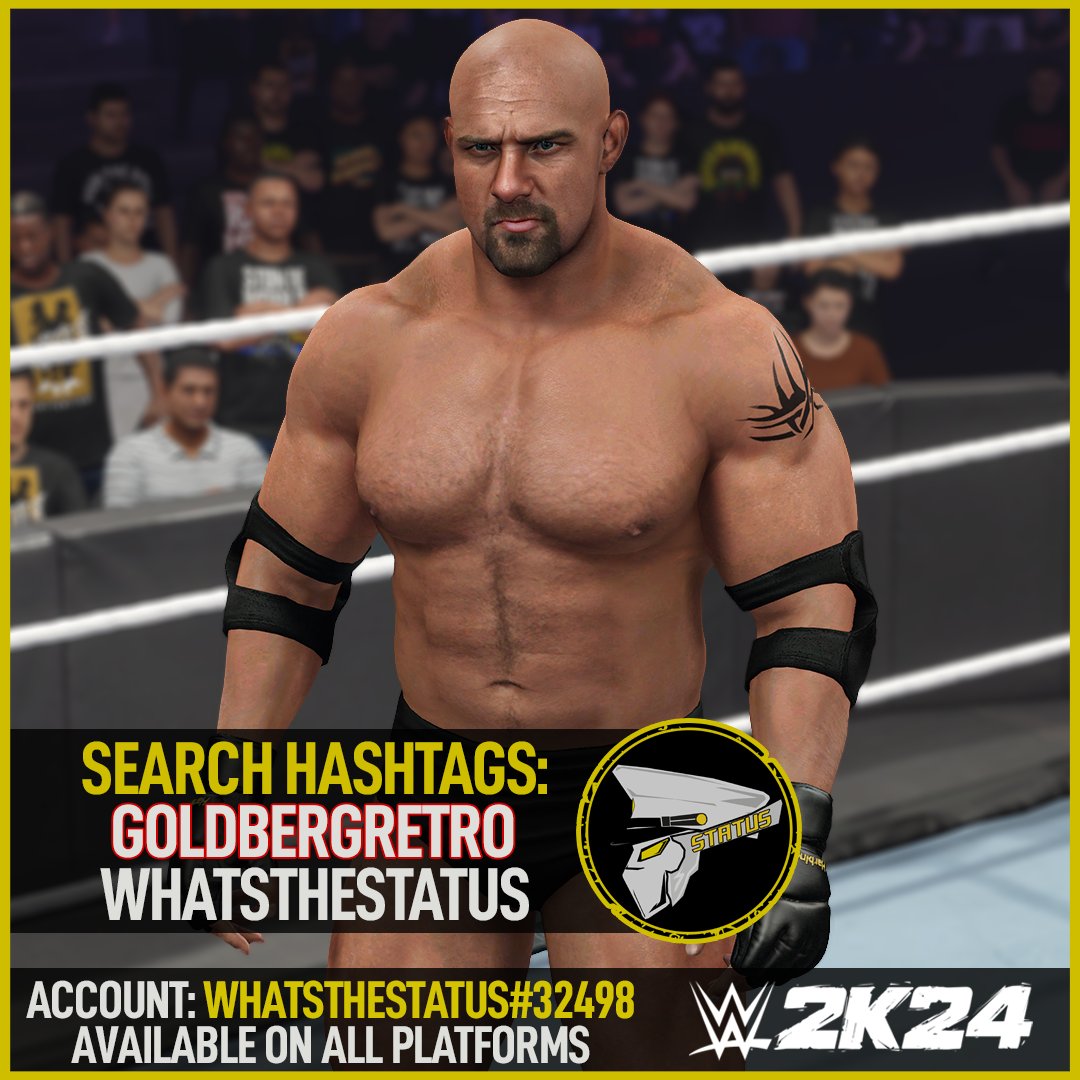 NEW! #WWE2K24 Upload To Community Creations! ★ Goldberg ★ Search Tag → GOLDBERGRETRO or WhatsTheStatus ★ Collaboration with @kaaalua + @GameVolt1 + @BigRighteous ★ INCLUDES ● Custom Portrait ● Hidden Commentary (Goldberg) ● WCW Attire ● Early WWE Attire Note: While…