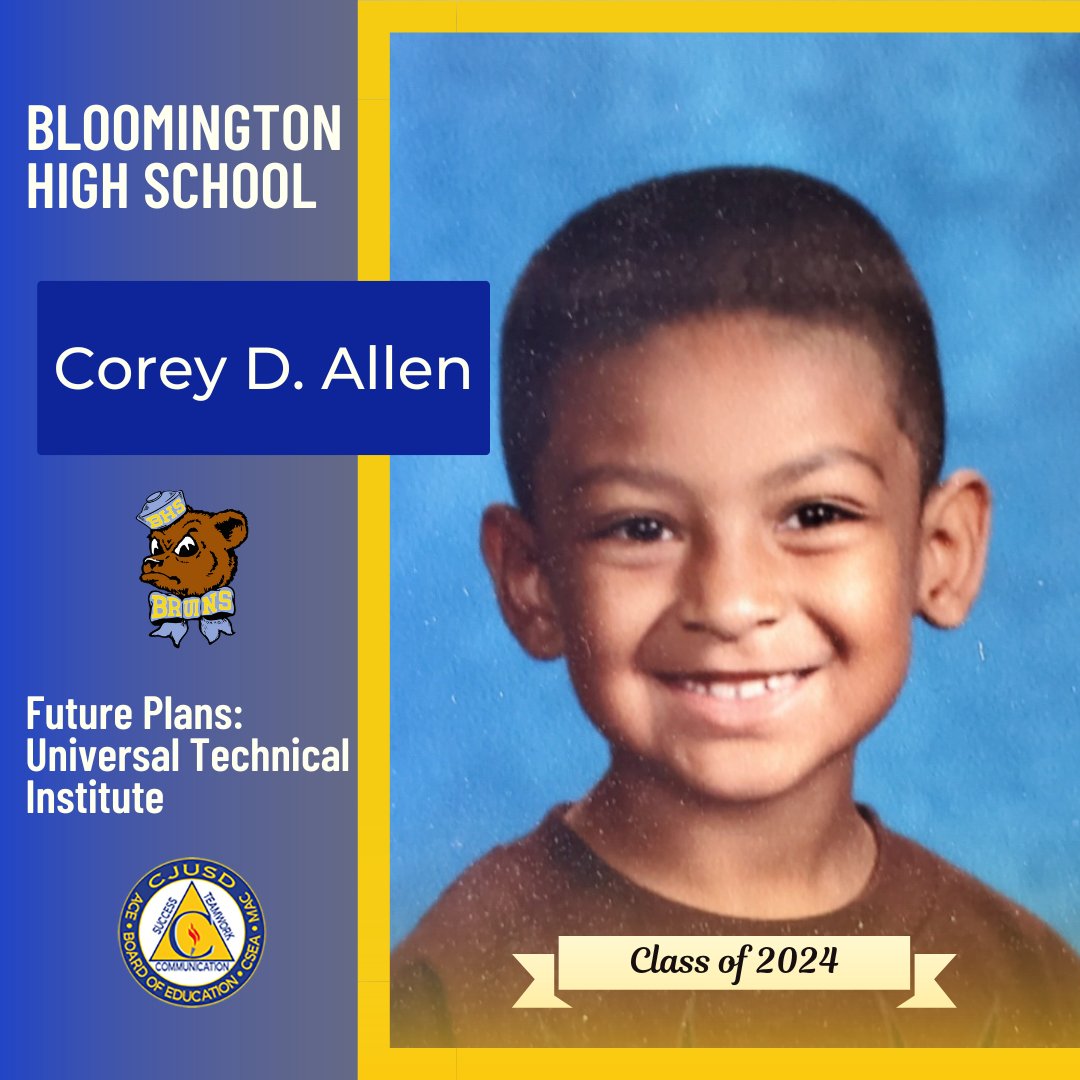 ColtonJUSD's tweet photo. Congrats to #Bloomington High School senior Corey D. Allen, who plans to attend Universal Technical Institute! We wish you all the best! #CJUSDCares #BHS #BHSForSuccess
Seniors, to be featured in our #CJUSD Class of 2024 Spotlight, see the form at https://t.co/JI2QGhWalC https://t.co/XMYv9L2dU5