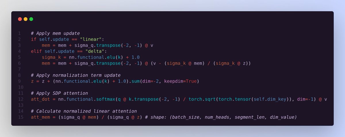 Nice PyTorch implementation of the landmark 'Infini-Transformer' paper in this repo. ✨

Instead of discarding the old key-value (KV) states like in standard attention, Infini-attention stores them in a compressive memory. When processing subsequent sequences, the values are…
