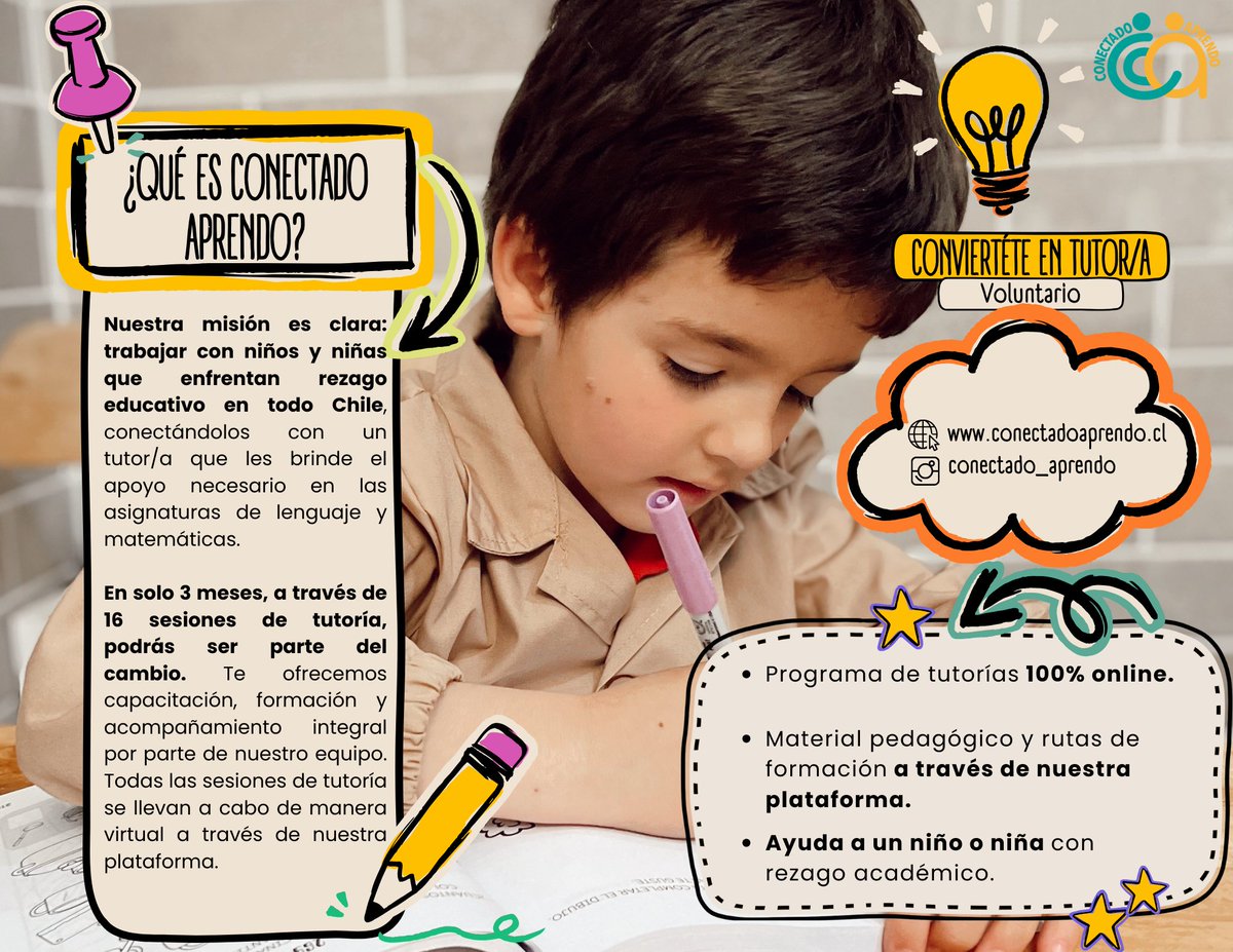 ConectadoApren2's tweet photo. Únete como tutor/a voluntario/a y marca la diferencia con nosotros en Chile desde el 2020. ¡No dejes a ningún niño/a atrás en su educación! Tutorías 100% online, sin experiencia previa necesaria. Te proveemos  todo el material. Inscríbete aquí: https://t.co/569e7Vv3MB https://t.co/7sE0RINq8K