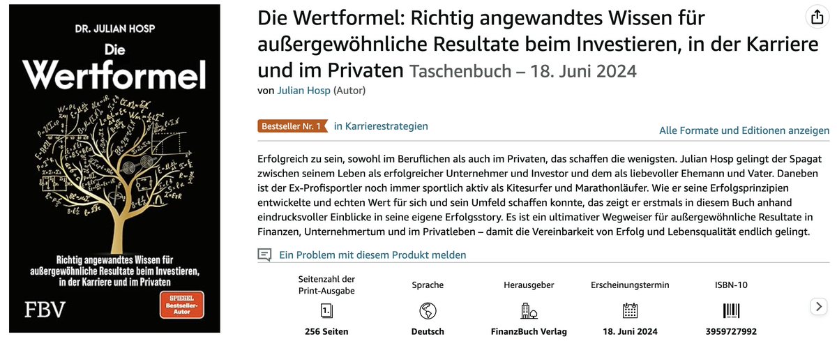 Aufstehen. E-Mail bekommen, dass das neue Buch 'Die Wertformel' Amazon Bestseller ist nach dem ersten Tag. Nice :) Und gleich Platz 40 unter ALLEN Büchern... Ob ich gegen 'Linos große Pferdebox' ankomme, weiß ich noch nicht haha amazon.de/gp/bestsellers…