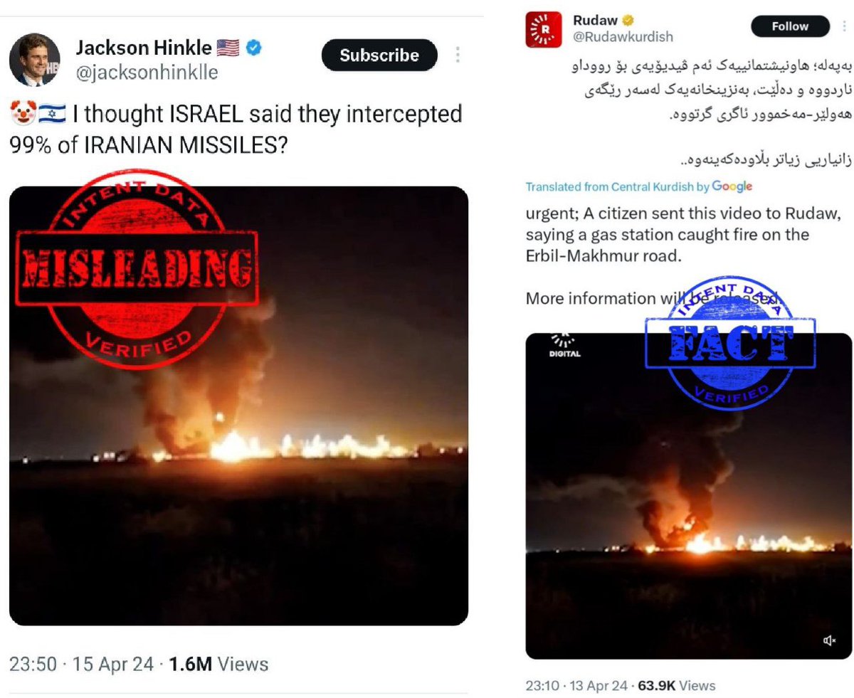 1848 ANALYSIS: Misleading FACT: An image that features a massive fire has been shared, claiming to be of an Iranian attack on Israel. The fact is that, according to reports, this image is from Iraq, where a gas station caught fire on the Erbil-Makhmur road. (1/2)