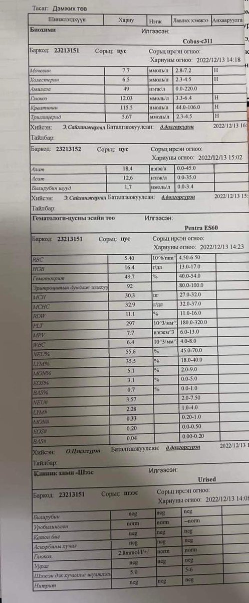 Цусны шинжилгээний хариуг өөрөө уншиж сураарай. Танд тайлбарлаж өгье.

Гемоглобин (Hb): 
Энэ бол уушигнаас хүчилтөрөгчийг эд эсэд шилжүүлэх, CO2-ыг зайлуулах гол үүрэгтэй эритроцитуудын үндсэн бүрэлдэхүүн хэсэг болох нарийн төвөгтэй уураг юм. Хэвийн хэмжээ нь: эрэгтэйчүүдэд –