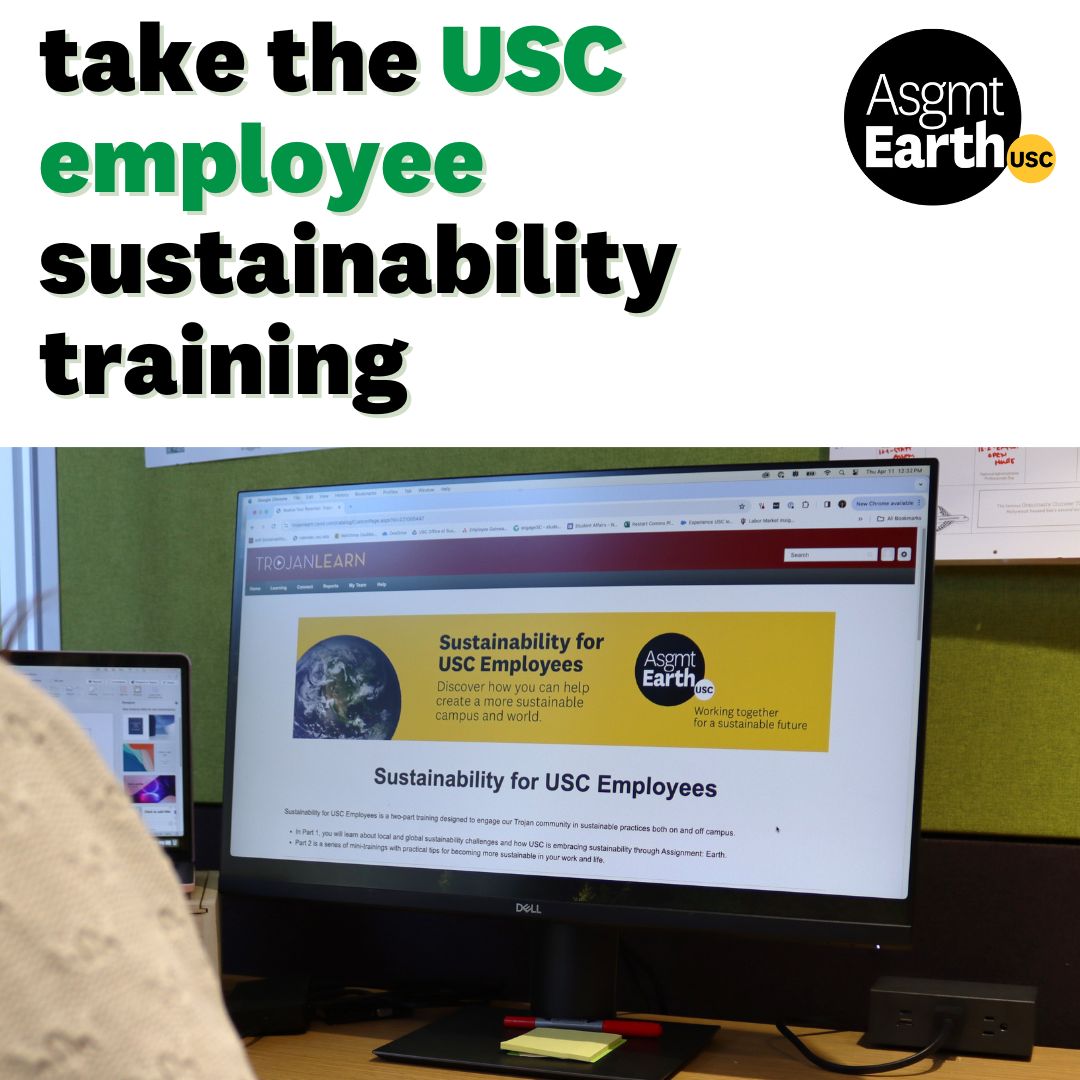 explore how USC is achieving its sustainability goals on campus and take the two part training hosted in Trojan Learn to discover how to become a sustainable USC Employee 🙈 follow this link to the training: buff.ly/3VVAbF3 🏃🏃🏃 #uscsustainability