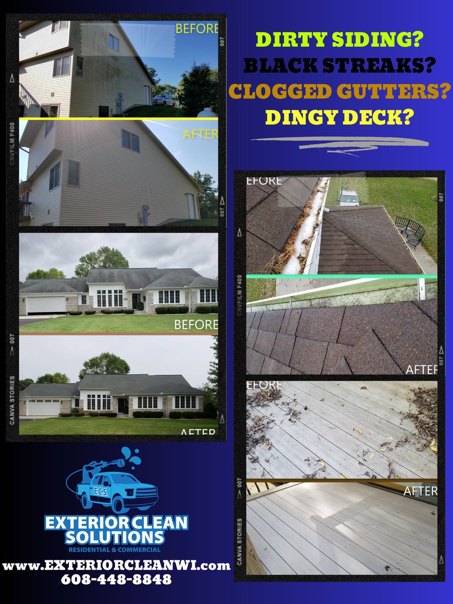 ExteriorCleanWI's tweet photo. 🏠Dirty Siding? Black Streaks on The Roof?
🏡Clogged Gutters? Dingy Deck/Patio?
🆓Get A Free Estimate Today:
📲https://t.co/abwXwCaI0Y
☎️608-448-8848 https://t.co/l0kVJWCAf2