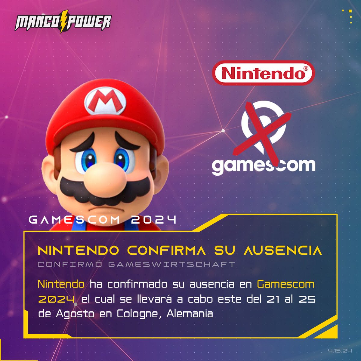 MancoPowerPR's tweet photo. Nintendo ha confirmado su ausencia en #Gamescom 2024. Después de participar como expositor en el evento de 2023, la compañía confirmó a la publicación alemana #Gameswirtschaft que no participará en la feria de este año.
#MancoPower #MancoNews #Gamescom2024 #Nintendo https://t.co/x9QGsCXHK5