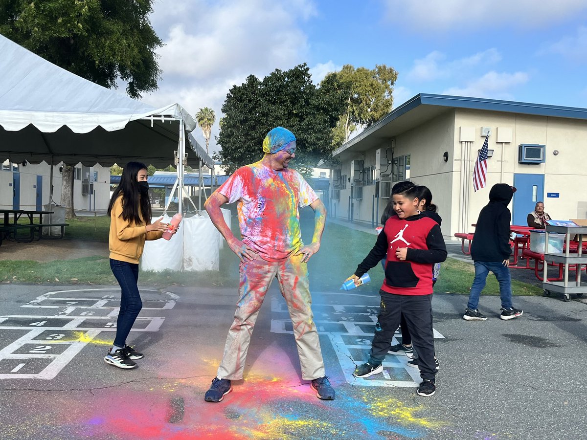 We had some students collect enough money for our color run to color blast the principal!! What a great sport Mr. Martinez is! 🌈