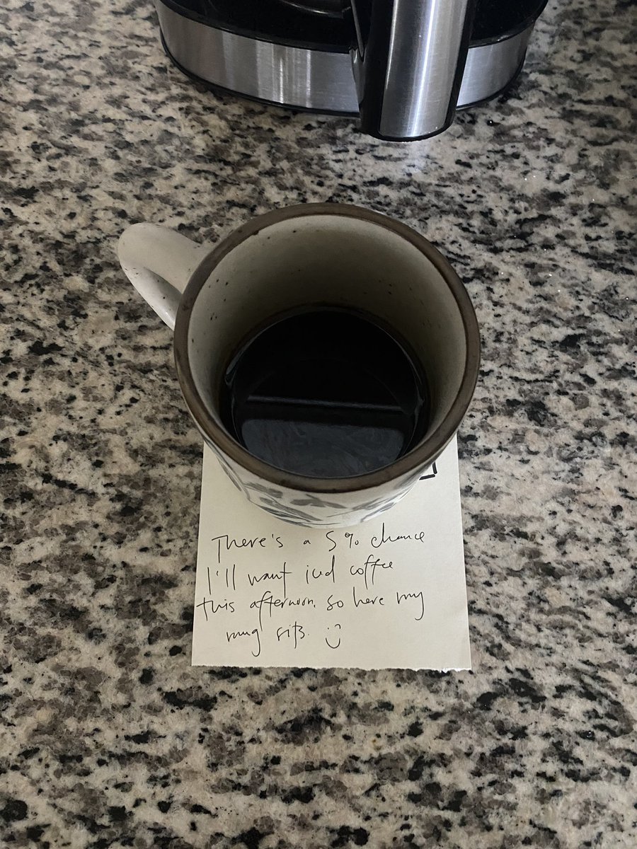 kyrafry's tweet photo. marriage is @hayden_zelem noticing my annoying habit of putting my leftover coffee on the counter “in case” i want to drink it in the afternoon (i never do). so today i tried to be funny. turns out he’s funnier 🙃😂 https://t.co/lY53oeicvA