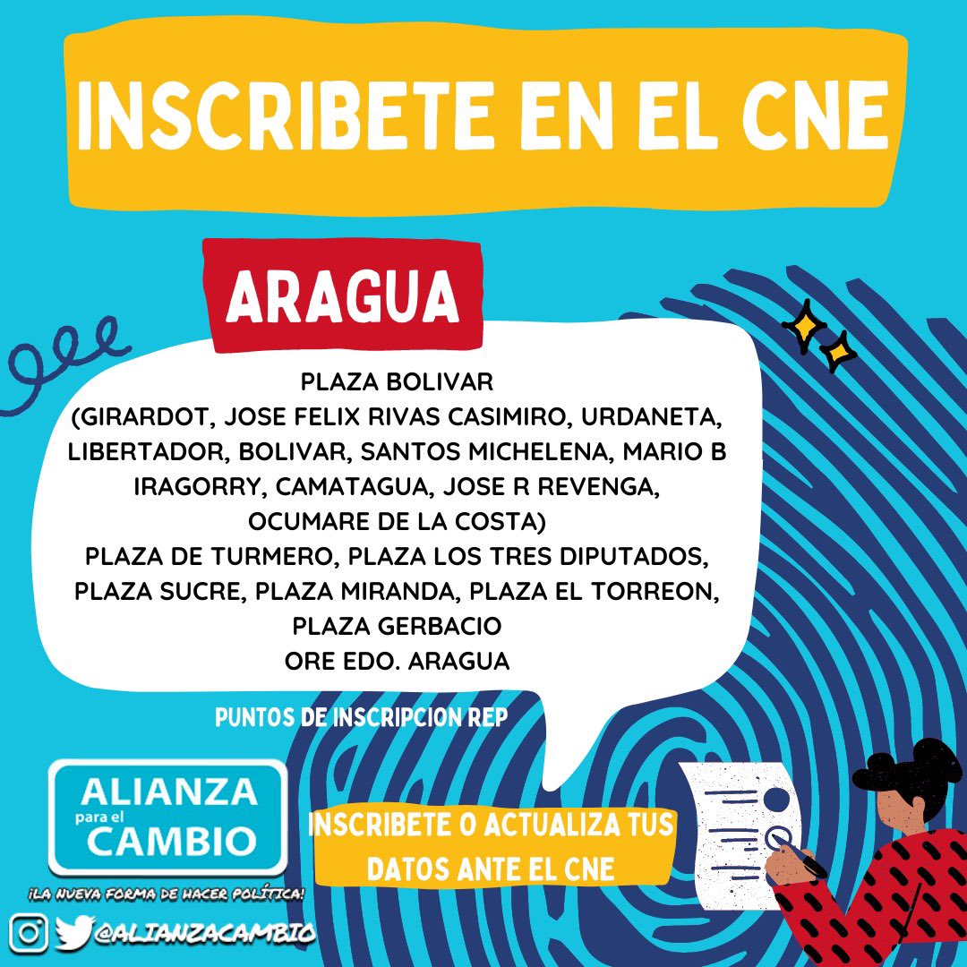 AlianzaCambio's tweet photo. REGIÓN CENTRAL! 
¡INSCRÍBETE Y ACTUALIZA TUS DATOS ANTE EL CNE! 

Conoce los Puntos Habilitados por el @CNEesVenezuela para el Registro Electoral Permanente. Estarán funcionando desde las 8:30AM hasta las 3:30PM. 📌IMPORTANTE! Tienes hasta MAÑANA 16 de Abril. 

¡RUMBO AL #28J! https://t.co/0mGM9dD3LU