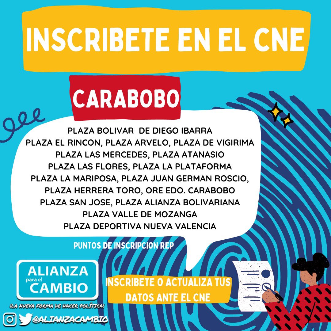 AlianzaCambio's tweet photo. REGIÓN CENTRAL! 
¡INSCRÍBETE Y ACTUALIZA TUS DATOS ANTE EL CNE! 

Conoce los Puntos Habilitados por el @CNEesVenezuela para el Registro Electoral Permanente. Estarán funcionando desde las 8:30AM hasta las 3:30PM. 📌IMPORTANTE! Tienes hasta MAÑANA 16 de Abril. 

¡RUMBO AL #28J! https://t.co/0mGM9dD3LU