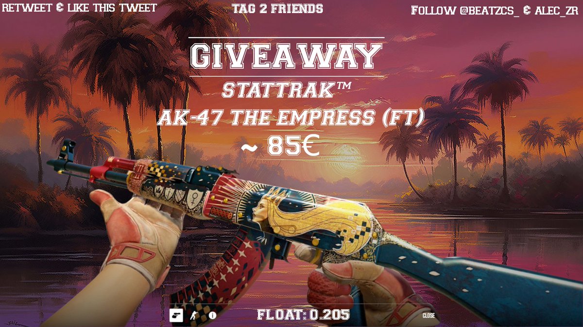 🎁GIVEAWAY🍀

Wir wollen der Community was zurückgeben. Einfach mitmachen und mit etwas Glück diese geile AK gewinnen!

➡️Follow <a href="/Alec_ZR/">Alec</a> &amp; <a href="/BeatzCS_/">Beatz</a> ✅
🔁Like &amp; Retweet this Tweet ✅
🫂Tag two Friends ✅

⏰Ends 30.04.2024 - 23:59

GL&amp;HF #CS2Giveaway #Giveaway #CSGOGiveaway #CS2