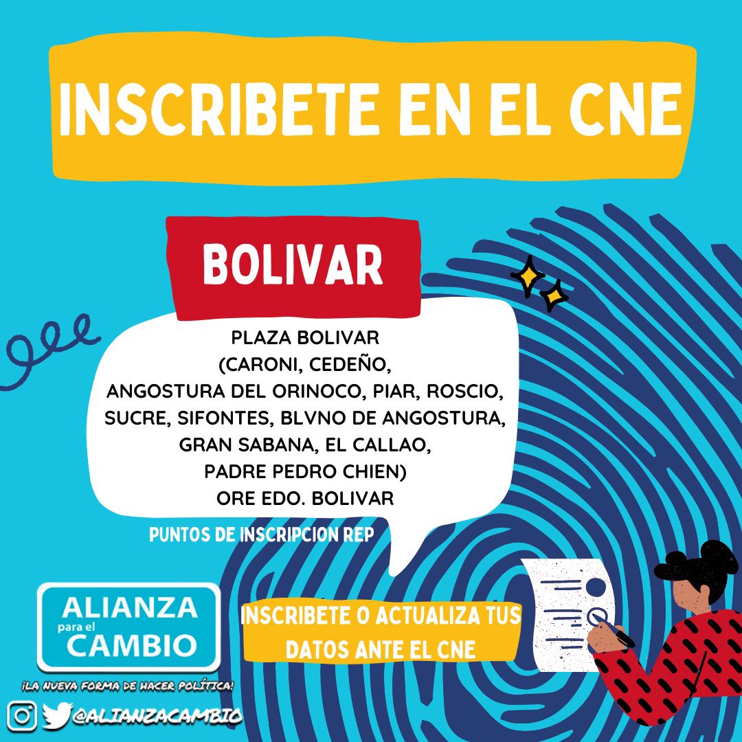 REGIÓN GUAYANA! 
¡INSCRÍBETE Y ACTUALIZA TUS DATOS ANTE EL CNE! 

Conoce los Puntos Habilitados por el <a href="/CNEesVenezuela/">CNEVenezuela</a> para el Registro Electoral Permanente. Estarán funcionando desde las 8:30AM hasta las 3:30PM. 📌IMPORTANTE! Tienes hasta MAÑANA 16 de Abril. 

¡RUMBO AL #28J!