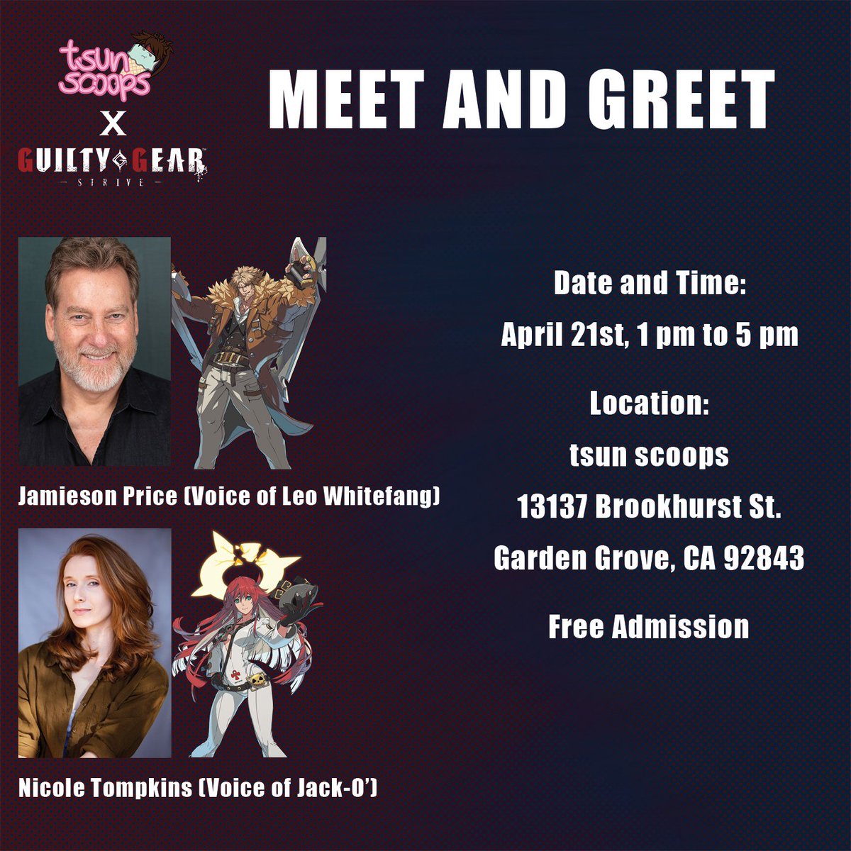 We've got two amazing daredevils stopping by for the grand finale of our Guilty Gear collaboration! @NikiLeeTompkins (voice of Jack-O') and @JamiesonPrice (voice of Leo Whitefang) will be doing a meet and greet at our shop! We'll have some goodies as well for the last day!