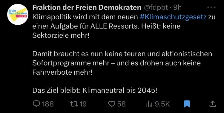 🚫Erst alle denkbaren Klimamaßnahmen blockieren.

🤡Dabei #FDP-Wahlkampfzirkus veranstalten #Fahrverbote

⚠️Dann die Sektorziele abschaffen. 

Zum Abrunden ein selbstherrlicher Tweet mit einem geheuchelten “Klimaneutral 2045”. 

Diese Leute regieren uns. #LetzteGeneration