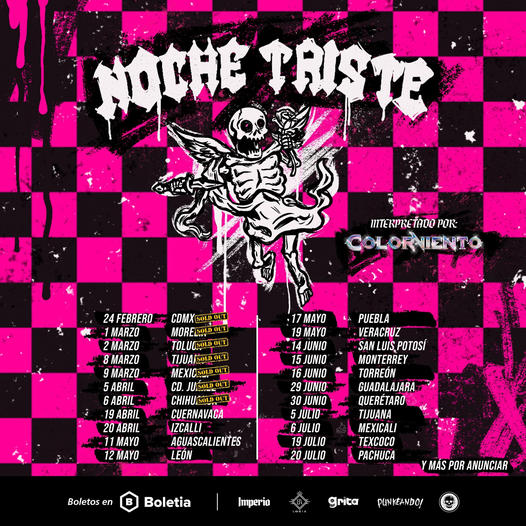 Les dejamos el cartel con todas las fechas actualizadas del tour de 𝐍𝐎𝐂𝐇𝐄 𝐓𝐑𝐈𝐒𝐓𝐄. No te pierdas la fecha en tu ciudad 

Boletos para tu ciudad aquí: linktr.ee/nochetriste